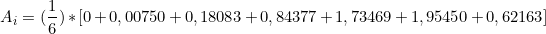 \[ A_i = (\frac{1}{6}) * [0 + 0,00750 + 0,18083 + 0,84377 + 1,73469 + 1,95450 + 0,62163   ] \]